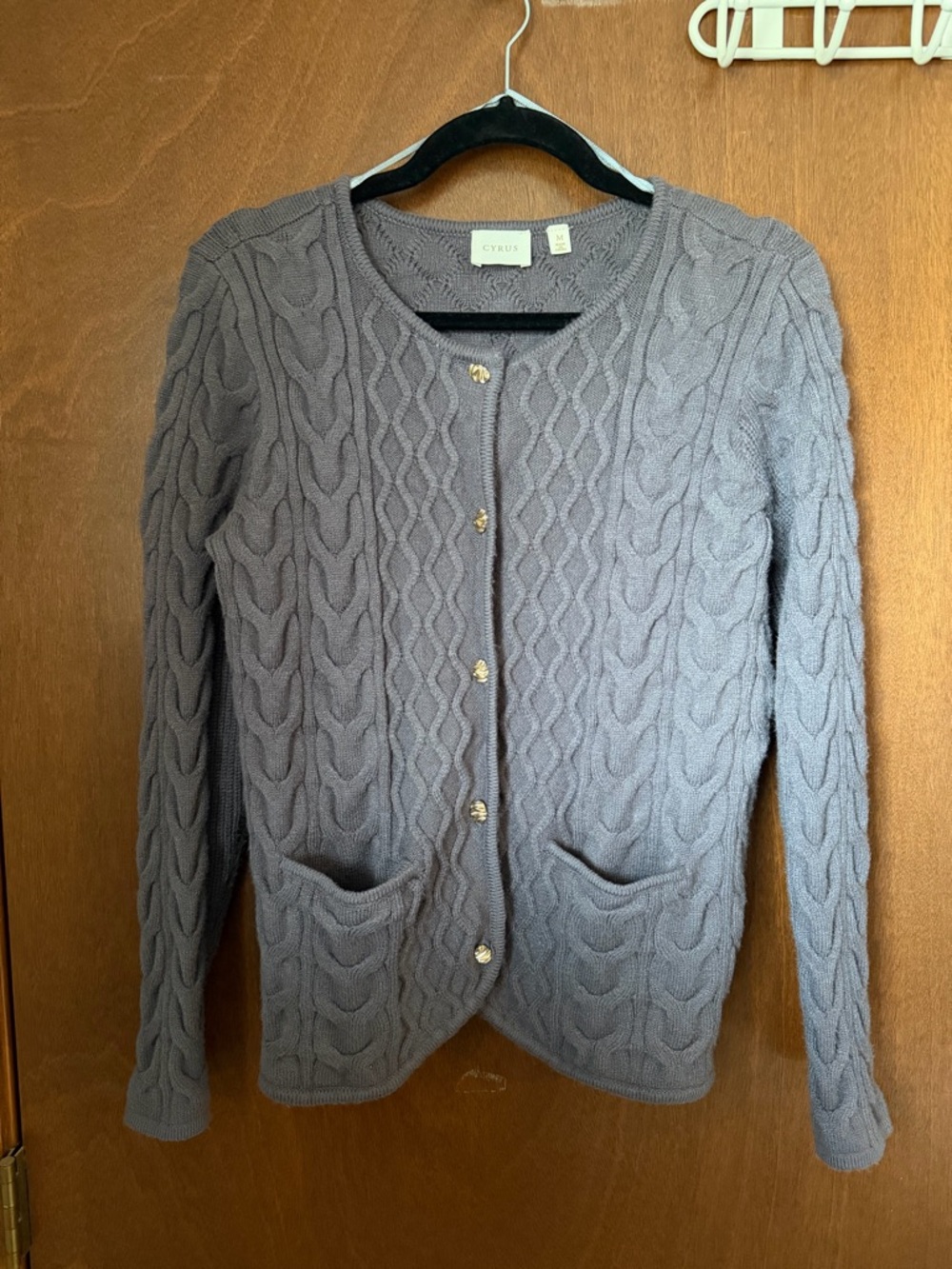 Cyrus Gray Cable Knit Cardigan with Gold Buttons
